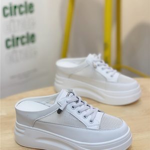 2025 Summer Korean Style Genuine Leather Closed-Toe Mesh Slip-On Backless Platform Sandals for Women