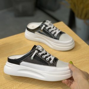 2025 Summer Korean Style Genuine Leather Closed-Toe Mesh Slip-On Backless Platform Sandals for Women