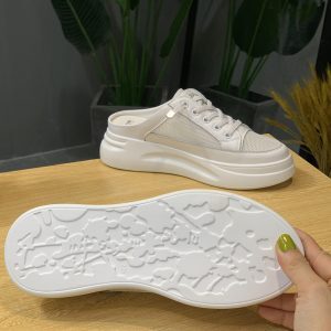 2025 Summer Korean Style Genuine Leather Closed-Toe Mesh Slip-On Backless Platform Sandals for Women