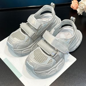 2025 Summer Mesh Hollow Thick-Soled Dad Shoes - Breathable Velcro Height-Increasing Casual Sports Sandals Trendy Y2K Style