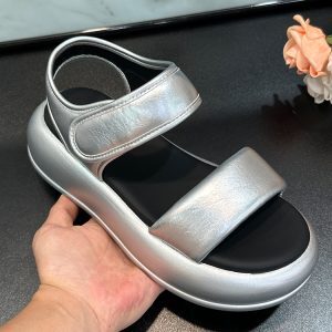 2025 Summer Thick-Soled Height-Increasing Sandals for Women - Silver One-Strap Casual Breathable Velcro Beach Shoes