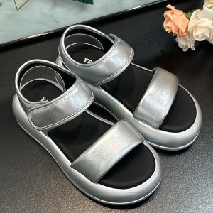 2025 Summer Thick-Soled Height-Increasing Sandals for Women - Silver One-Strap Casual Breathable Velcro Beach Shoes