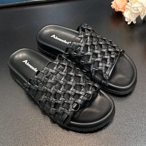2025 Summer Women's Casual Woven Fishing Net Beach Shoes - Thick-Soled One-Strap Sandals for Cool Comfort