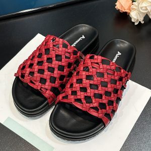 2025 Summer Women's Casual Woven Fishing Net Beach Shoes - Thick-Soled One-Strap Sandals for Cool Comfort
