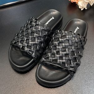 2025 Summer Women's Casual Woven Fishing Net Beach Shoes - Thick-Soled One-Strap Sandals for Cool Comfort