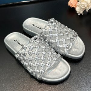 2025 Summer Women's Casual Woven Fishing Net Beach Shoes - Thick-Soled One-Strap Sandals for Cool Comfort