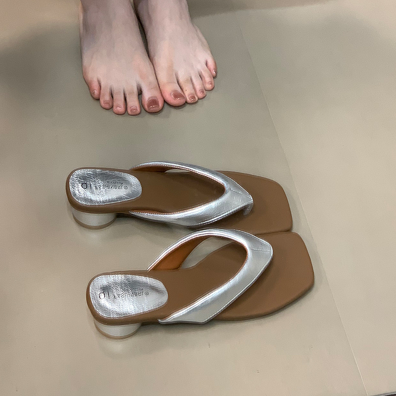 2025 Summer Women’s High Heel One Strap Sandals - Simple Square Toe Flip Flops for Skirts & Outwear, Perfect for Y2K Style