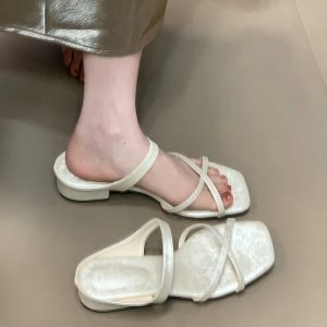 2025 Summer Women's Open-Toe Cross Strap Sandals - Stylish Thin Strap Square Toe Slide Sandals