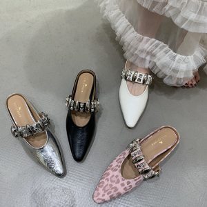 2025 Summer Women's Square Head Rivet Strap Closed-Toe Half Slippers - Height-Increasing French Style Slip-On Sandals