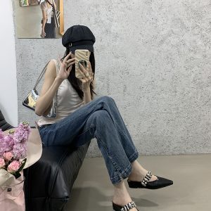 2025 Summer Women's Square Head Rivet Strap Closed-Toe Half Slippers - Height-Increasing French Style Slip-On Sandals