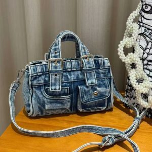 2025 Trendy Wash Denim Crossbody Handbag with Pocket, Stylish Bowling Bag for Y2K and Internet Celebrity Fashion