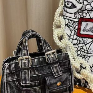 2025 Trendy Wash Denim Crossbody Handbag with Pocket, Stylish Bowling Bag for Y2K and Internet Celebrity Fashion