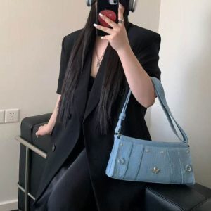 2025 Wash Denim Stitching Design Versatile Shoulder Crossbody Tote Bag for Influencers, Y2K Fashion Trend