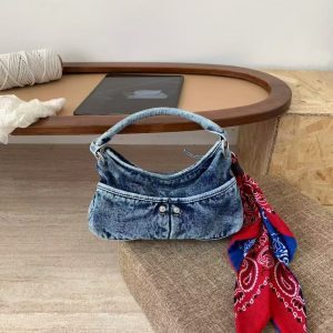2025 Washable Denim Lunch Bag with Pocket, Fashionable Versatile Crossbody Handbag for Women, Trendy and Functional Style