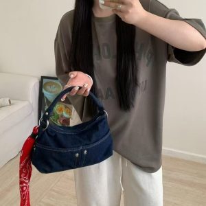 2025 Washable Denim Lunch Bag with Pocket, Fashionable Versatile Crossbody Handbag for Women, Trendy and Functional Style