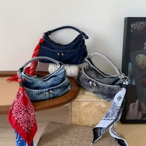 2025 Washable Denim Lunch Bag with Pocket, Fashionable Versatile Crossbody Handbag for Women, Trendy and Functional Style