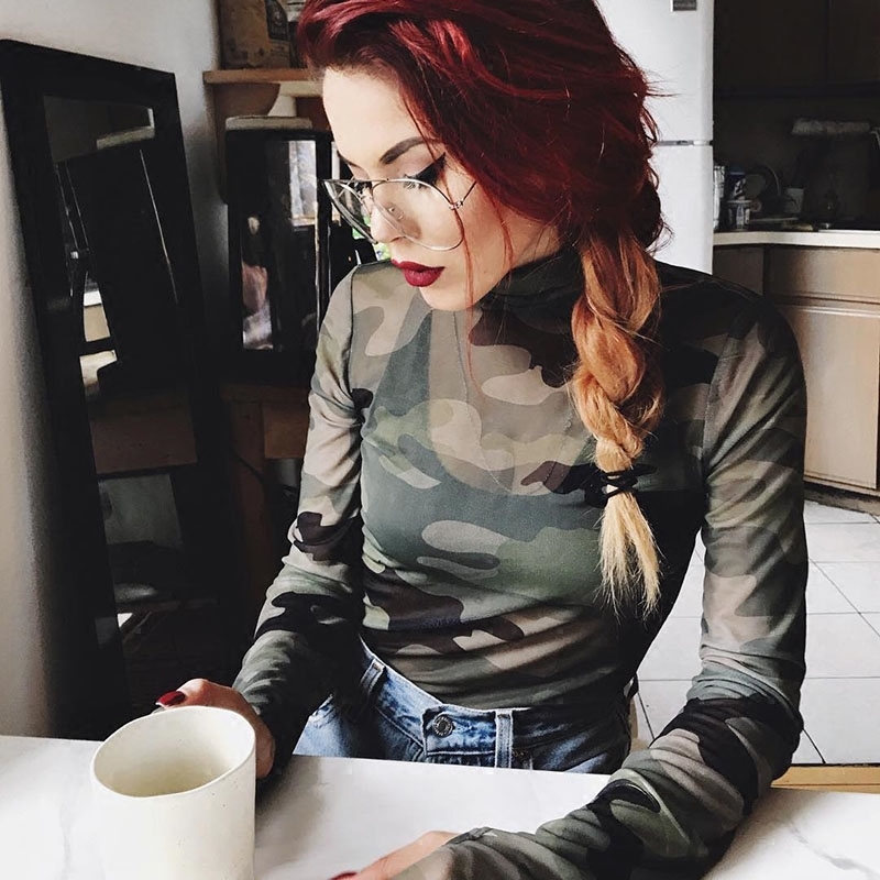2025 Women's Camouflage Mesh Long Sleeve Slim Fit T-Shirt - Sexy Round Neck Cropped Top, Trendy and Versatile Fashion