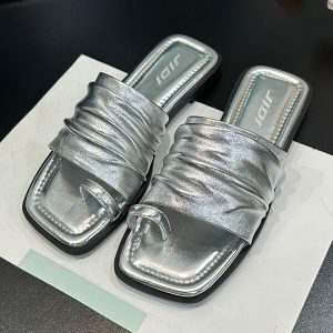2025 Women's French Pleated Square-Toe Slide Sandals - Versatile Flat Thong Sandals for Summer Style