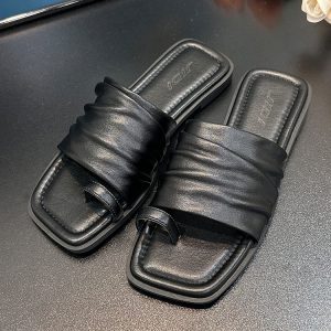2025 Women's French Pleated Square-Toe Slide Sandals - Versatile Flat Thong Sandals for Summer Style