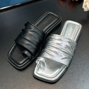 2025 Women's French Pleated Square-Toe Slide Sandals - Versatile Flat Thong Sandals for Summer Style
