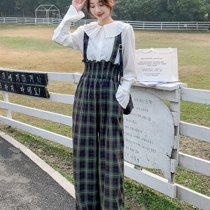 2025 Women's High-Waisted Plaid Suspenders Pants - Casual Straight Wide-Leg Trousers for Spring and Summer, Trendy Versatile Style