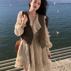 2025 Women's Leather Vest Dress Set with Ruffle A-Line Skirt - Stylish Two-Piece Outfit for Early Spring Fashion