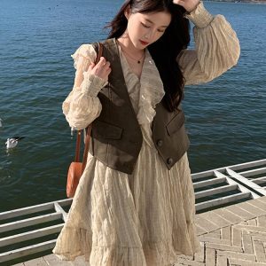 2025 Women's Leather Vest Dress Set with Ruffle A-Line Skirt - Stylish Two-Piece Outfit for Early Spring Fashion