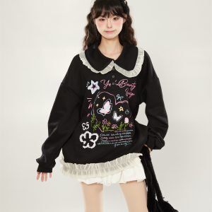 2025 Women's Printed Sweatshirt with Lace Trim and Cute Collar - Versatile Pullover Jacket for Spring and Autumn, Korean Style