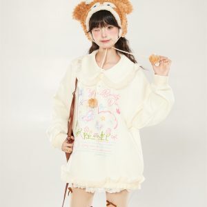 2025 Women's Printed Sweatshirt with Lace Trim and Cute Collar - Versatile Pullover Jacket for Spring and Autumn, Korean Style