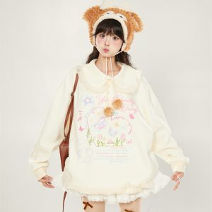 2025 Women's Printed Sweatshirt with Lace Trim and Cute Collar - Versatile Pullover Jacket for Spring and Autumn, Korean Style
