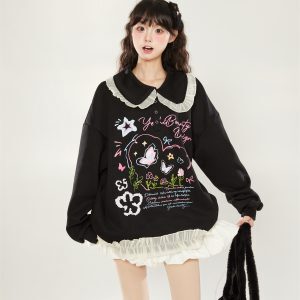 2025 Women's Printed Sweatshirt with Lace Trim and Cute Collar - Versatile Pullover Jacket for Spring and Autumn, Korean Style