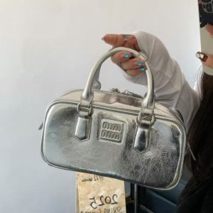 2025 Women's Shiny Metallic Bowling Handbag - Versatile Shoulder Crossbody Boston Bag for Trendy Style