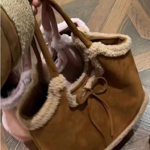 2025 Women’s Suede Plush Melard Shoulder Handbag - Autumn Winter Lamb Wool Tote Bucket Bag for Commuting