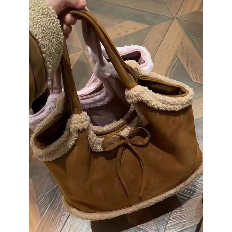 2025 Women’s Suede Plush Melard Shoulder Handbag - Autumn Winter Lamb Wool Tote Bucket Bag for Commuting