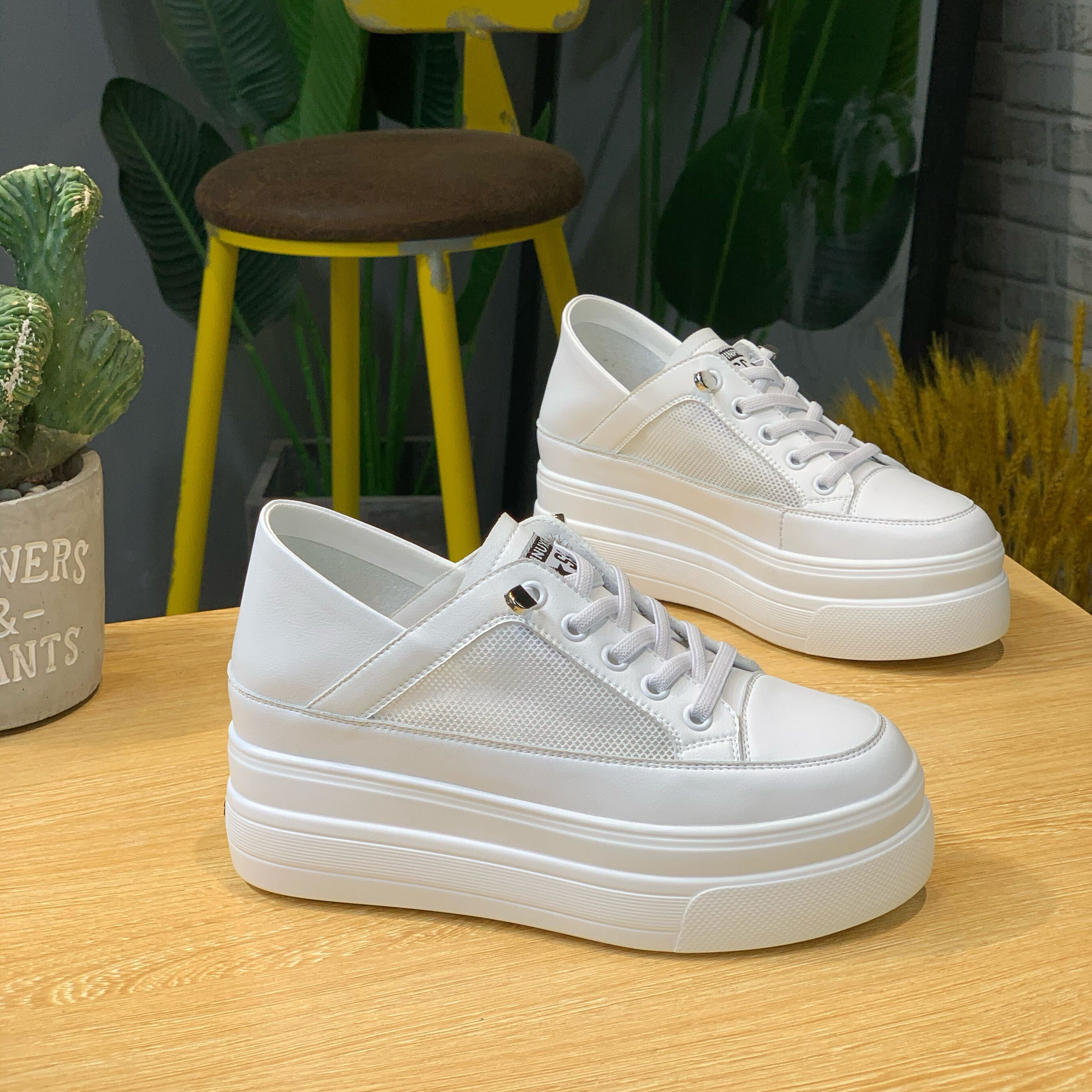 7cm Height-Increasing White Platform Sandals for Women - Breathable Mesh, Thick-Soled, Slimming Casual Summer Shoes 2025