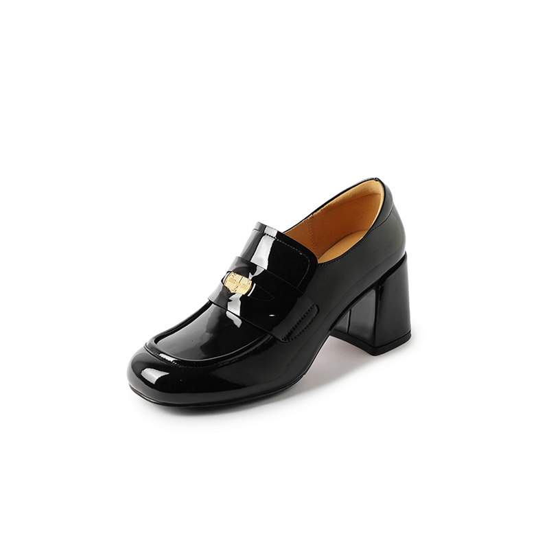 7cm High Heel Retro Chunky Heel Women's Loafers in Silver Genuine Leather with Gold Coin Detail
