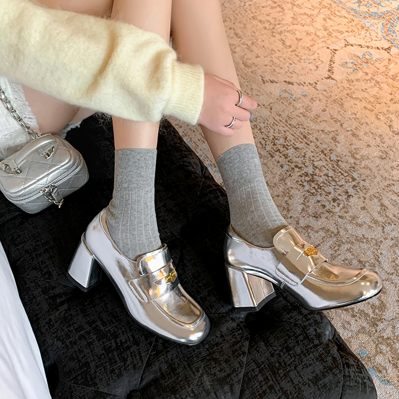 7cm High Heel Retro Chunky Heel Women's Loafers in Silver Genuine Leather with Gold Coin Detail