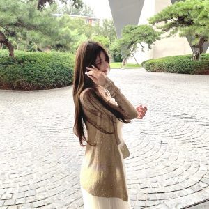 80s Gold Era Mid-Length Cardigan with Gold Thread and Dense Weave Sparkle for Early Autumn Outerwear