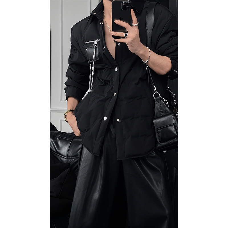 90% White Duck Down Jacket with Chain Decoration - Long Shirt-Style Coat for Winter 2024, Trendy 90s Inspired Outerwear