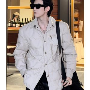 90% White Duck Down Jacket with Chain Decoration - Long Shirt-Style Coat for Winter 2024, Trendy 90s Inspired Outerwear