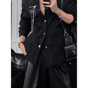 90% White Duck Down Jacket with Chain Decoration - Long Shirt-Style Coat for Winter 2024, Trendy 90s Inspired Outerwear