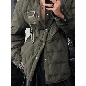 90% White Duck Down Jacket with Chain Decoration - Long Shirt-Style Coat for Winter 2024, Trendy 90s Inspired Outerwear