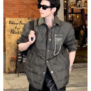 90% White Duck Down Jacket with Chain Decoration - Long Shirt-Style Coat for Winter 2024, Trendy 90s Inspired Outerwear