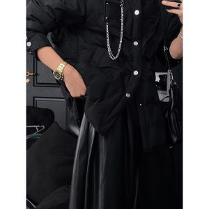 90% White Duck Down Jacket with Chain Decoration - Long Shirt-Style Coat for Winter 2024, Trendy 90s Inspired Outerwear
