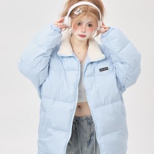 90s Korean Style Lightweight White Duck Down Jacket for Women - Stand Collar Loose Fit Blue Winter Coat 2025