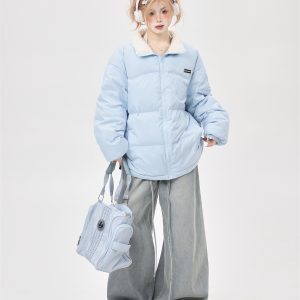 90s Korean Style Lightweight White Duck Down Jacket for Women - Stand Collar Loose Fit Blue Winter Coat 2025