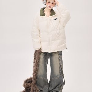 90s Korean Style Lightweight White Duck Down Jacket for Women - Stand Collar Loose Fit Blue Winter Coat 2025