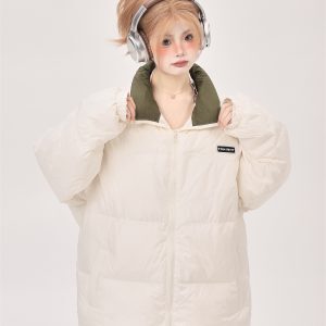 90s Korean Style Lightweight White Duck Down Jacket for Women - Stand Collar Loose Fit Blue Winter Coat 2025