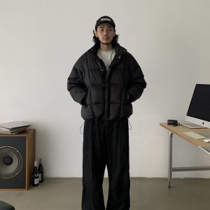 90s Vintage White Duck Down Loose Black Down Jacket for Unisex - Trendy Thick Stand Collar Coat