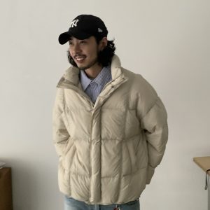 90s Vintage White Duck Down Loose Black Down Jacket for Unisex - Trendy Thick Stand Collar Coat